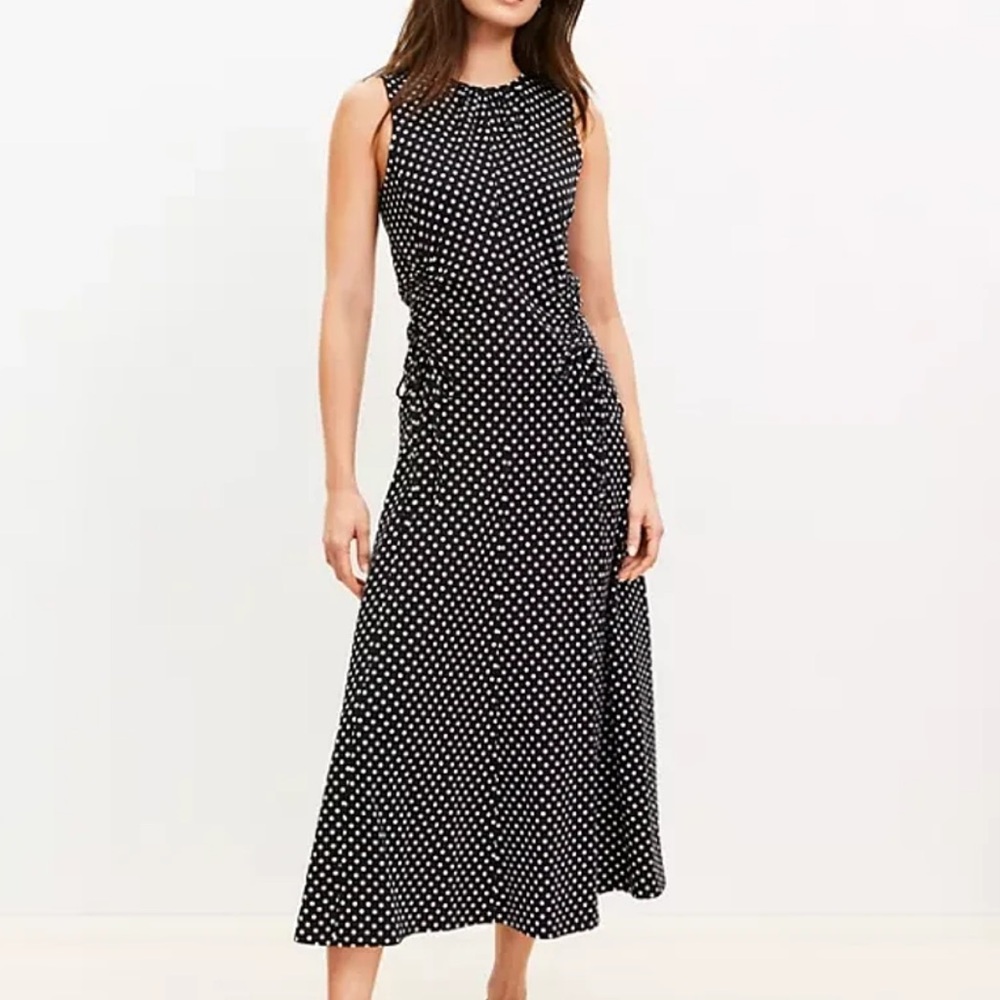 Loft nwt new polka dot cinched tie midi dress sleeveless sold out work casual